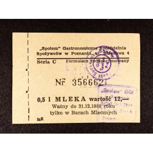 Bon na 0,5l mleka o wartości 12 złotych w Barach Mlecznych, Społem Poznań 1988