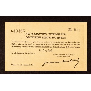 Polsko, Osvědčení o vykonání kontribuční povinnosti 5 zlotých 1943, Varšava