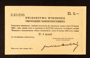 Poland, Certificate of Execution of Contribution Duty 5 zloty 1943, Warsaw