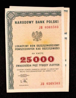 People's Republic of Poland, NBP, PKO, Deposit Savings Bond for 25,000 zloty Poznań 1989.
