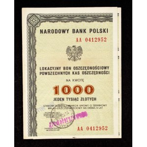 PRL, NBP, PKO, Lokacyjny Bon Oszczędnościowy na 1000 złotych Poznań 1977.