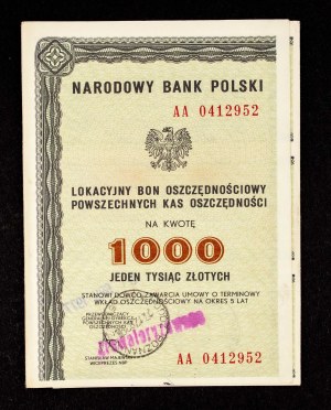 People's Republic of Poland, NBP, PKO, Deposit Savings Bond for 1000 zloty Poznań 1977.