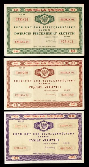 PRL, PKO, set of 3 x Bonus Savings Vouchers for 250, 500 and 1000 zloty 1971.