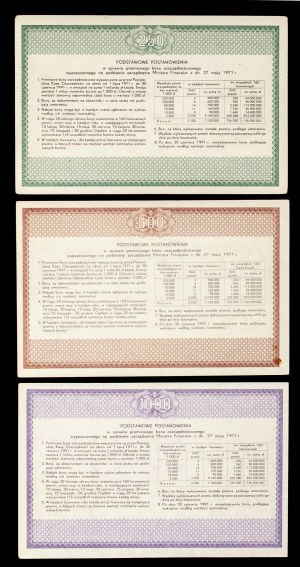 PRL, PKO, set of 3 x Bonus Savings Vouchers for 250, 500 and 1000 zloty 1971.