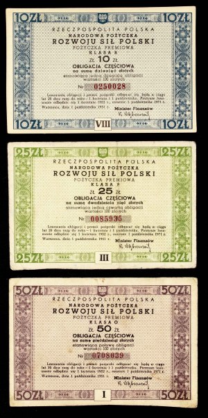 Republic of Poland, National Loan for the Development of the Armed Forces, set of 3 bonds, Warsaw 1.10.1951.