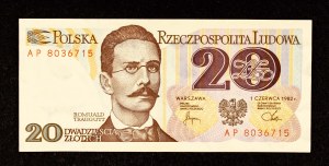 Poland, PRL (1944 - 1989), 20 ZŁOTYCH 1.06.1982, AP series.