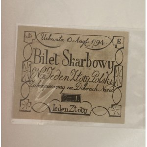Bilety skarbowe z czasów Insurekcji Kościuszkowskiej. Kopia banknotu Jeden Złoty.