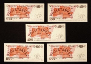 Poland, PRL, set of 5 100 ZŁOTY banknotes 1.06.1986, NE series, consecutive numbers.