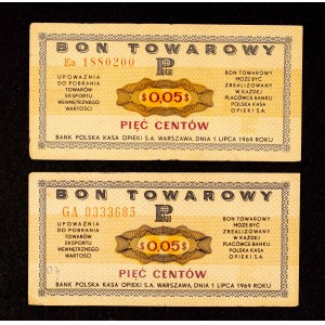 PRL, Pewex, zestaw 2 bonów towarowych, 5 centów 1.07.1969.