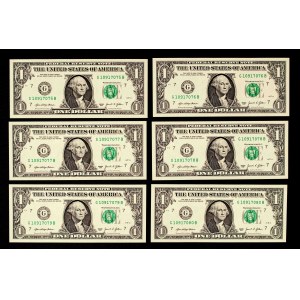 USA, zestaw 6 banknotów, 6 x 1 dolar 2021.