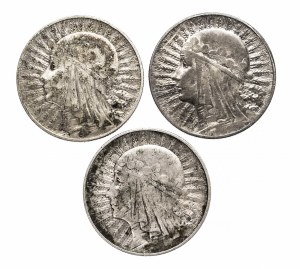 Poland, Second Republic, set of 3 5 zloty coins from 1932 - 1934, Woman.