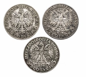 Poland, Second Republic, set of 3 5 zloty coins from 1932 - 1934, Woman.