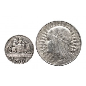 Polska, II Rzeczpospolita, zestaw 2 monet 2 złote 1936 Żagiel oraz 10 złotych 1933 Kobieta.