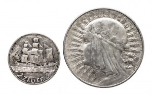Poland, Second Republic, set of 2 coins 2 zloty 1936 Sail and 10 zloty 1933 Woman.