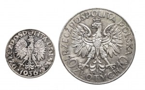 Poland, Second Republic, set of 2 coins 2 zloty 1936 Sail and 10 zloty 1933 Woman.
