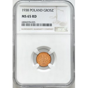 Polska II RP, 1 grosz 1938, Warszawa. NGC MS 65 RD.