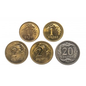 Polska, Rzeczpospolita od 1989 roku, zestaw 5 monet 1 grosz 1992, 2003, 2 grosze 1991, 2003, 20 groszy 1997.