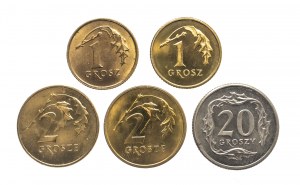 Poland, the Republic since 1989, set of 5 coins 1 penny 1992, 2003, 2 pennies 1991, 2003, 20 pennies 1997.