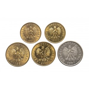 Polska, Rzeczpospolita od 1989 roku, zestaw 5 monet 1 grosz 1992, 2003, 2 grosze 1991, 2003, 20 groszy 1997.