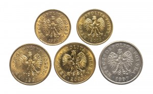 Poland, the Republic since 1989, set of 5 coins 1 penny 1992, 2003, 2 pennies 1991, 2003, 20 pennies 1997.