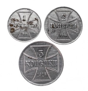 Coins of the German occupation authorities (OBER-OST), set: 1+2+3 kopecks A, Berlin, iron