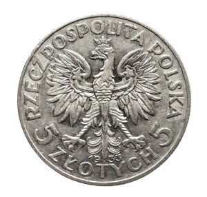 Poland, II Rzeczpospolita, 5 zloty 1933, Head of a woman, Warsaw