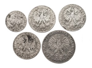 Poland, Second Republic, set of 5 coins: 2, 5 and 10 zloty 1932-34, Head of a woman, Warsaw.
