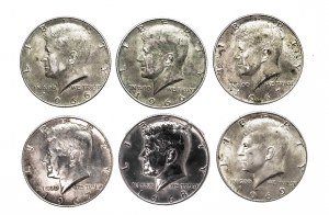 United States of America (USA), set of 6 silver half-dollar coins 1966-1969.