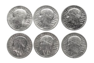 Poland, Second Republic, 2 zloty set 1932-1934, 6 pieces