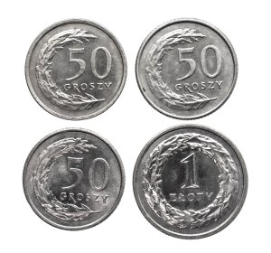 Poland, the Republic since 1989, set of 4 coins: 50 pennies and 1 zloty 1991-1995