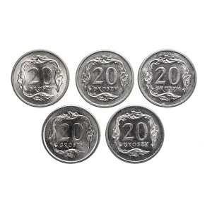 Polska, Rzeczpospolita od 1989 roku, zestaw 20 groszy 1990-1999, 5 sztuk