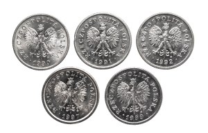 Poland, Republic of Poland since 1989, set of 20 pennies 1990-1999, 5 pieces
