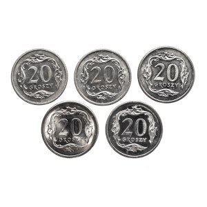 Polska, Rzeczpospolita od 1989 roku, zestaw 20 groszy 1990-1999, 5 sztuk