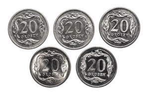 Poland, Republic of Poland since 1989, set of 20 pennies 1990-1999, 5 pieces