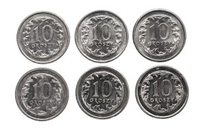 Poland, Republic since 1989, set of 10 pennies 1990-1999, 6 pieces