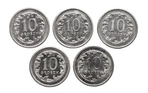 Poland, Republic of Poland since 1989, set of 10 pennies 1991-1999, 5 pieces