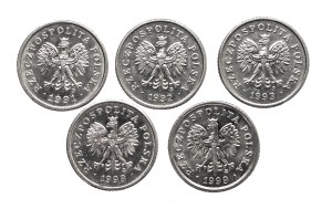 Poland, Republic of Poland since 1989, set of 10 pennies 1991-1999, 5 pieces