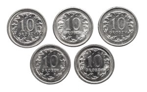 Poland, Republic of Poland since 1989, set of 10 pennies 1991-2000, 5 pieces