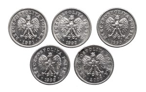 Poland, Republic of Poland since 1989, set of 10 pennies 1991-2000, 5 pieces