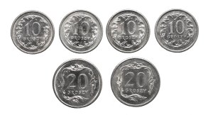 Poland, Republic of Poland since 1989, set of 6 coins: 10 pennies and 20 pennies 1991-1997