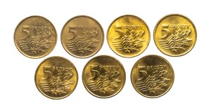 Poland, Republic since 1989, set of 5 pennies 1990-1999, 7 pieces