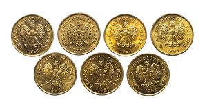 Poland, Republic since 1989, set of 5 pennies 1990-1999, 7 pieces