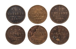Russia, Nicholas II, set of 1/2 kopecks 1898-1913, 6 pieces
