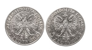 Poland, Second Republic, set of 2 5 zloty coins from 1933 - 1934, Woman.