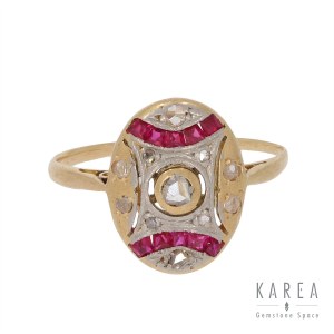 Ring mit Diamanten und synthetischen Rubinen, 1920-30er Jahre, Art déco