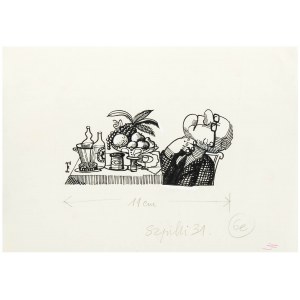 Jerzy Flisak (1930 Varšava - 2008 tamtéž), U stolu, ilustrace pro Szpilek č. 31