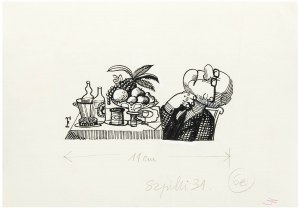 Jerzy Flisak (1930 Warszawa - 2008 tamże), Przy stole, ilustracja do Szpilek nr 31