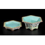 A POLYCHROME ENAMELLED PORCELAIN JARDINIERE AND TRAY China, 20th century