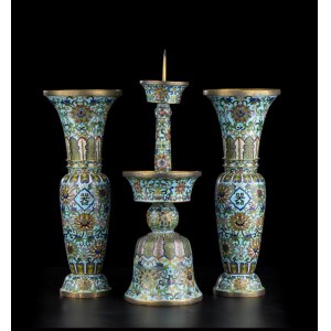 53. TWO VASES AND A CANDLESTICK IN CLOISONNÉ ENAMELLED METAL China, 20th century