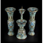 53. TWO VASES AND A CANDLESTICK IN CLOISONNÉ ENAMELLED METAL China, 20th century